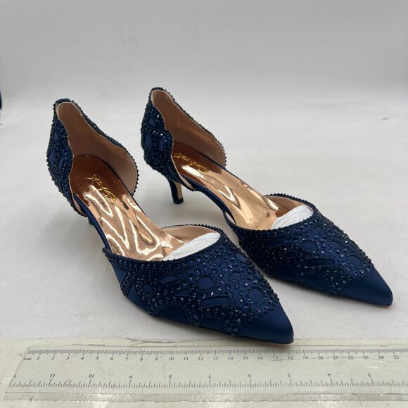 XYD Navy Pointed Toe D'Orsay Kitten Heel Rhinestone Studs Slip-On Satin Shoes - Picture 4 of 14